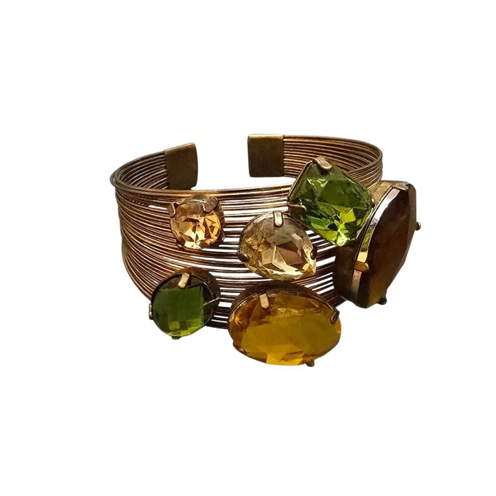 Vintage 80s Wire & Faceted Faux Crystal Adjustable Cuff Bracelet (A8732)